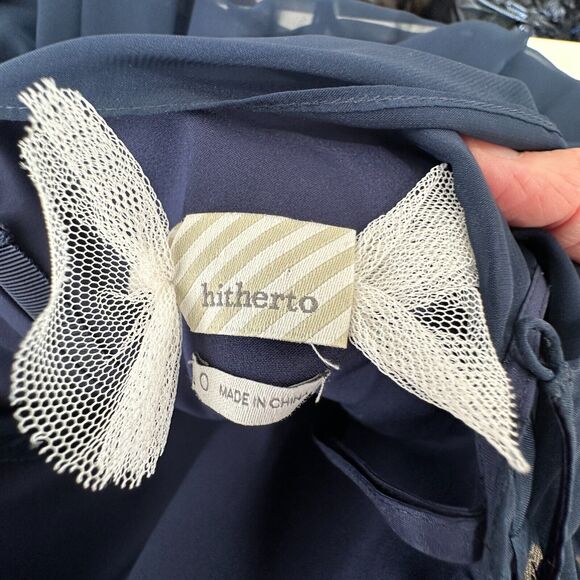 Hitherto Daylily Navy Sheer Shoulder Sleeveless Dress Ruched Side & Back Waist 0 - Picture 9 of 16